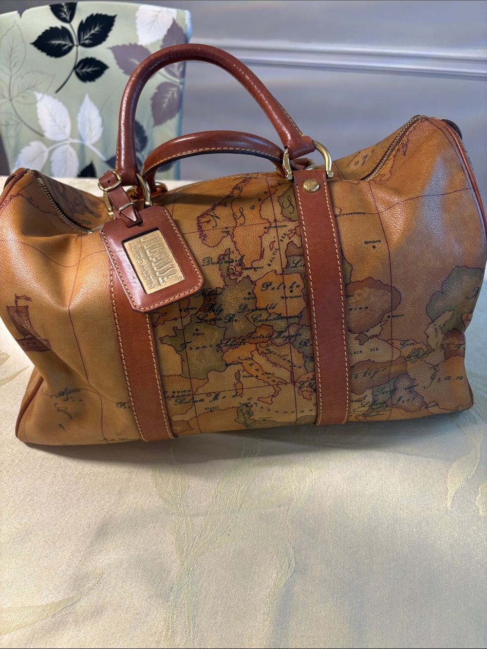 Alviero Martini Tan and Brown Geo-Print Leather Duffel